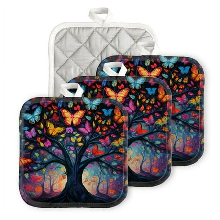 

Bahomeck Pot Holder 4Pcs Tree Of Life With Colorful Butterflies (2) Square Heat Resistant Hot Pads For Kitchen Cooking Oven With Hanging Loop Potholder Easy To Store