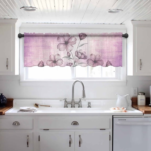 Pink Floral Valance Curtains for Kitchen/Living Room/Bathroom/Bedroom Window, Vintage Botanical Gradient Pastel Painting Rod Pocket Small Topper Half Short Window Curtains Voile Sheer Scarf 54"x18"