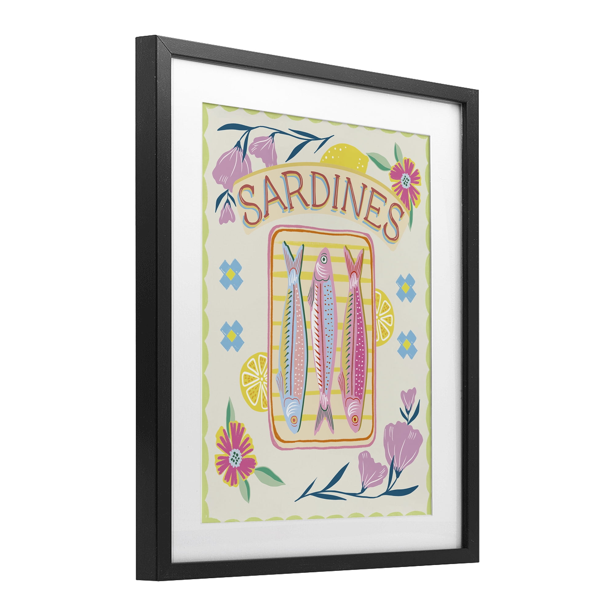 Stupell Industries Pastel Sardines & Flowers Black Framed Print Under Glass, design by Jo Reid