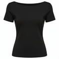 thumbnail image 7 of Women's U-Shaped Backless Short-Sleeve Tops Solid Color Boat Neck Base T-Shirt Bodycon Casual Tees Yoga Workout Tops Black, 7 of 7