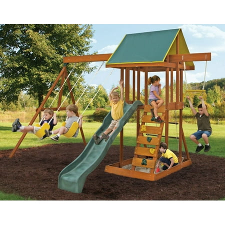 Meadowvale II Wooden Swing Set / Playset with Slide and Rock Wall