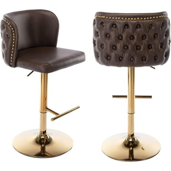 JESTOP PU Leather Swivel Bar Stools Set of 2, Adjustable Height Counter Stool Button Tufted Wingback Dining Barstool Chairs with Metal Leg Nailhead Trim for Kitchen Pub