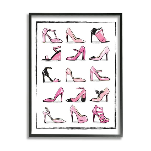 Stupell Industries Pink Heels Lined Up Women's Glam Shoes Beauty & Fashion Painting Black Framed Art Print Wall Art, 16 x 20