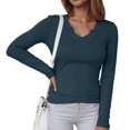 thumbnail image 2 of GEWSEY Women's Ribbed Fitted Long Sleeve Shirts Basic Notch V Neck T Shirts Layering Tee Tops (Blue, M), 2 of 6