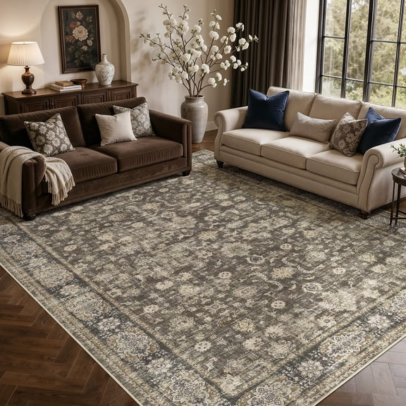 MICGEEK 9x12 Large Area Rugs, Washable Vintage Distressed Rug for Living Room Bedroom Home Office, Stain Resistant Floral Print Traditional Distressed Accent Carpet, Vacuum-Friendly, Brown Multi