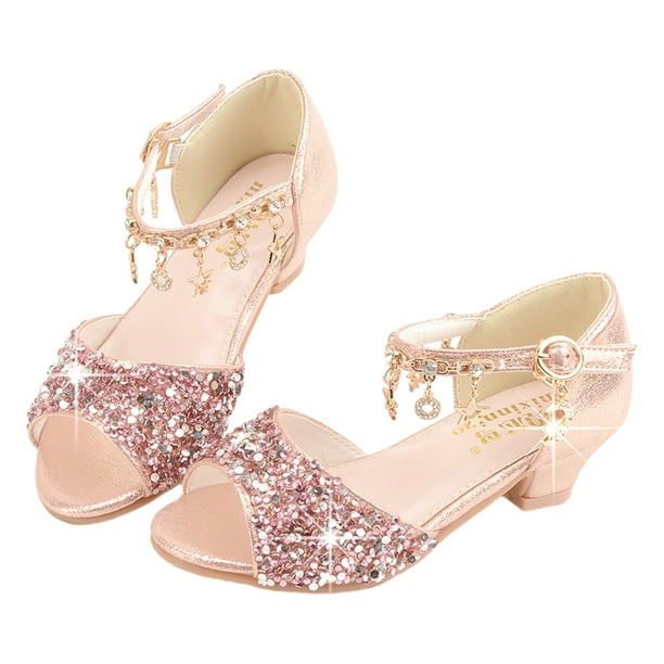 Zapatos con purpurina Qarigey para niñas, cuñas de Ballet, lentejuelas, cristal, punta abierta, tacones altos, sandalias Rosa 33/21cm