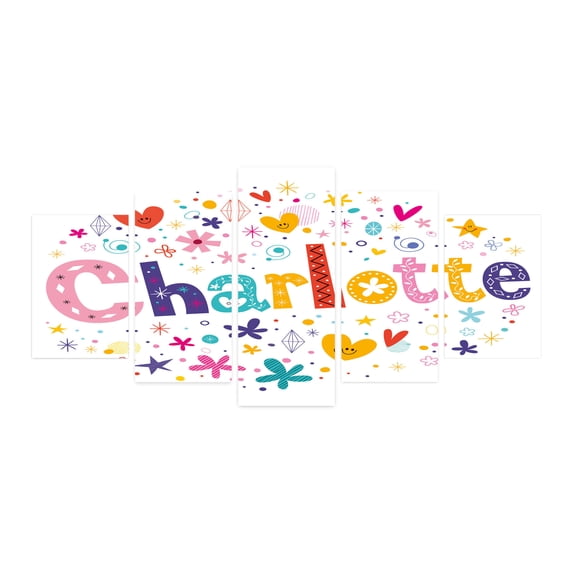 Charlotte 5 Panels Acrylic Glass Wall Art, Happy Smiling Stars and Hearts Joyous Composition of Colorful Female Name Design, Accent for Living Room, Bedroom, Dorm, 60" x 30", Multicolor, by Ambesonne