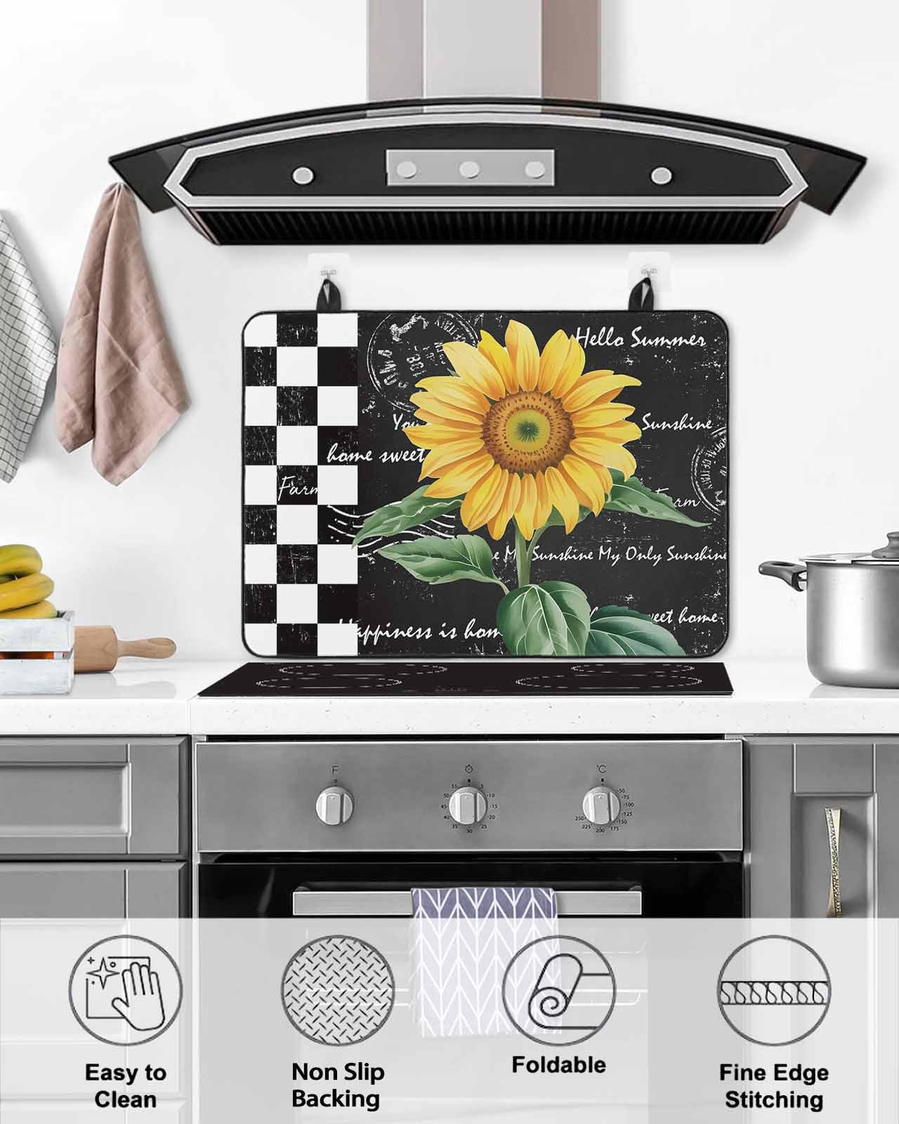 Large Induction Cooktop Protector Mat Sunflower Stove Top Covers for Electric Stove, Yellow Floral Black White Plaid Watercolor Decorative Stove Burner Cover Mats, Glass Top Stove Cover