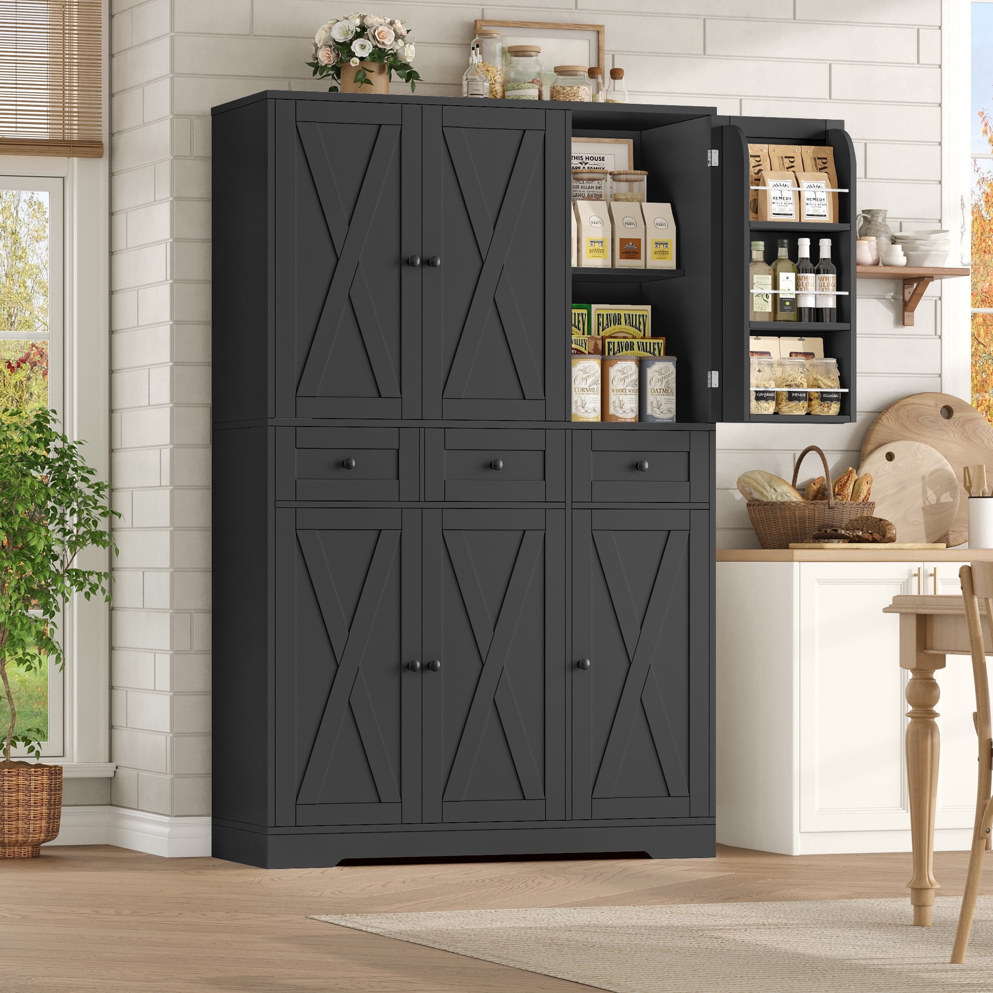 Hiphuta 67" Tall Farmhouse Kitchen Pantry Storage Cabinet with Door Shelves, 43" Wide Large Cupboard Hutch with 3 Drawers, Black