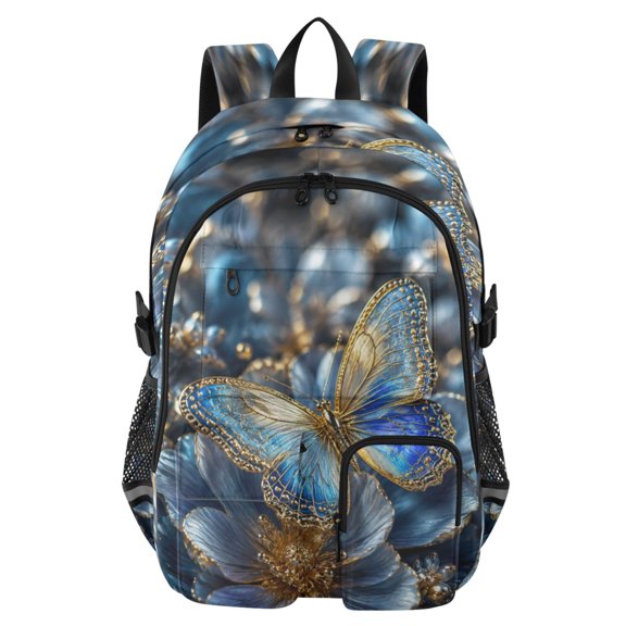 Large Capacity Student Backpack, 14 Inch Laptop Backpack, Wear-Resistant Polyester Travel Backpack with Reflective Strips for Commuting Outdoor Blue Butterfly Night