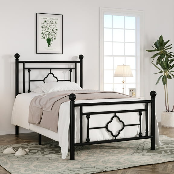 Einfach Twin Size Heavy Metal Bed with Vintage Headboard Pattern, Black