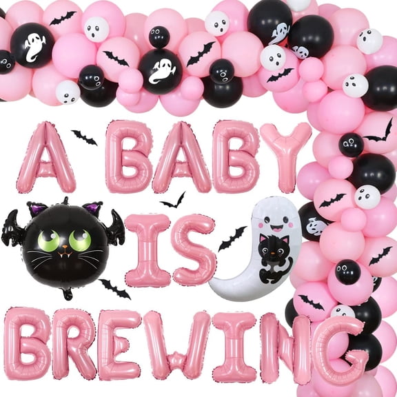 Halloween Baby Shower Decorations for Girl, A Baby is Brewing Pink Black Balloon Garland Arch Kit Ghost Bat Foil Balloon Baby Shower Pregnancy Announcement Gender Reveal Party Supplies
