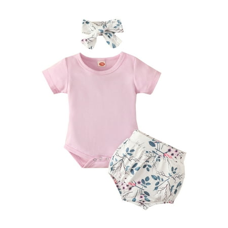 

Suanret Toddler Baby Girls Summer 3pcs Clothes Short Sleeve Romper Top Elastic Waist Floral Shorts with Headband Set Pink 0-3 Months