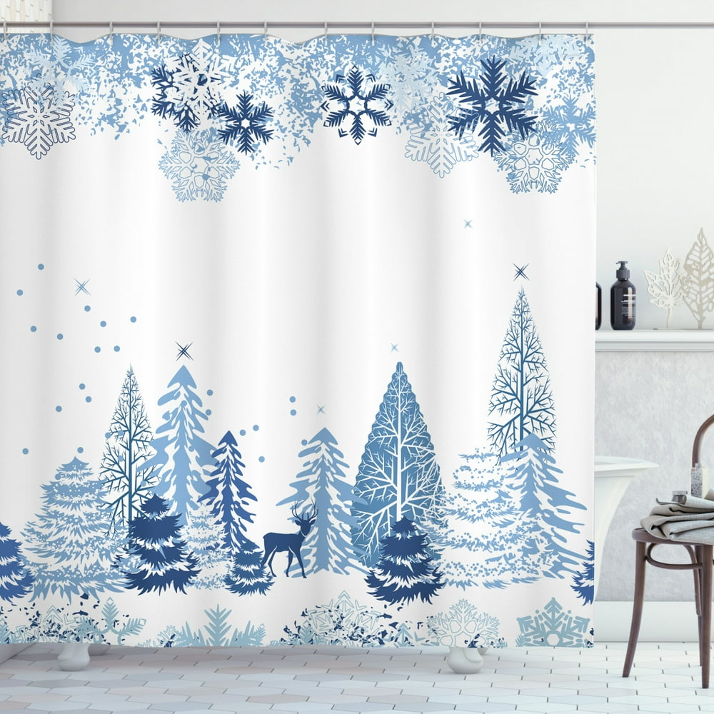 Winter Shower Curtain, Winter Scene with Deer Frozen Trees and Snow