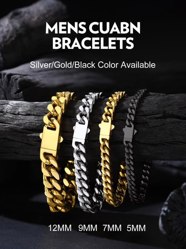 Bandmax 7MM Wide Cuban Chain Bracelet for Men Women Father's Day Gift for Son Dad Husband Stainless Steel Hip Hop Biker Wristlet Anklet Chain Jewelry
