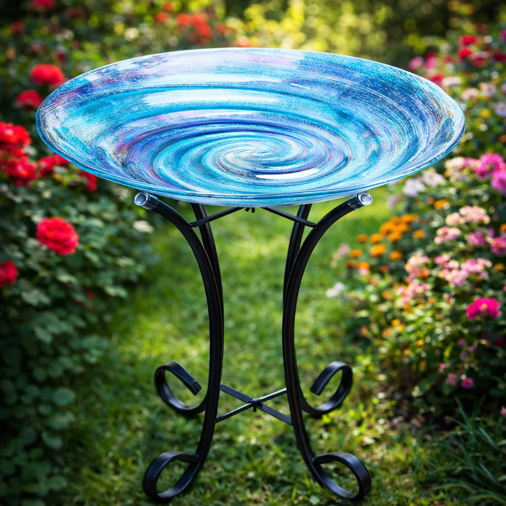 Outdoor Glass Birdbath with Metal Stand for Lawn Yard Garden Decor,18” Dia/21.65 Height
