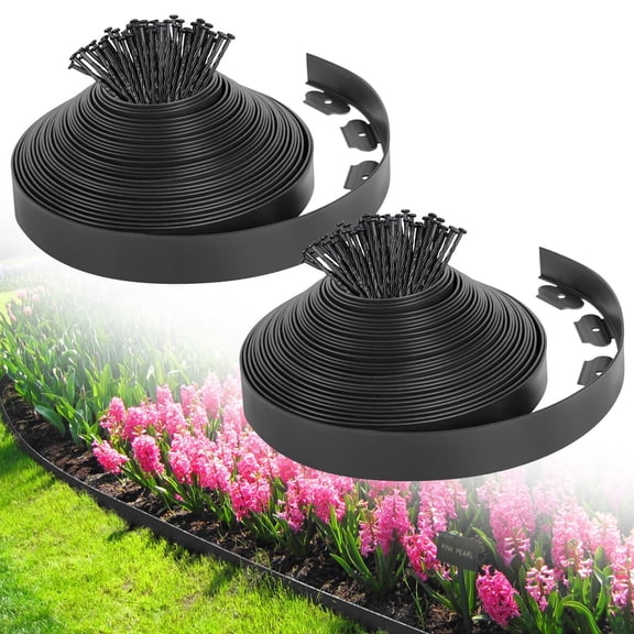 2inch x 80ft Landscape Edging Border with 125 Spikes, Garden Edging Border Lawn Edging Kit, Plastic Edging for Landscape Flexible for Garden Flower Beds Lawn Yard Pathway (Black)