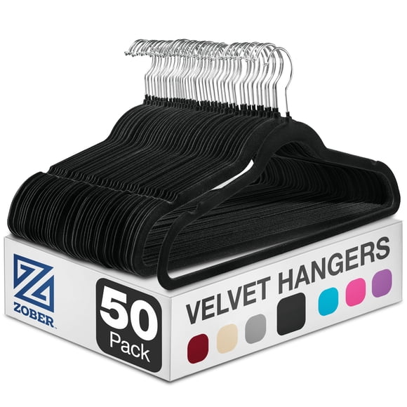 ZOBER Black Velvet Hangers 50 Pack - Clothes Hangers, Coat Hanger for Pants & Dress Clothes - Non Slip w/ 360 Degree Swivel, Holds up to 10 lbs - Str