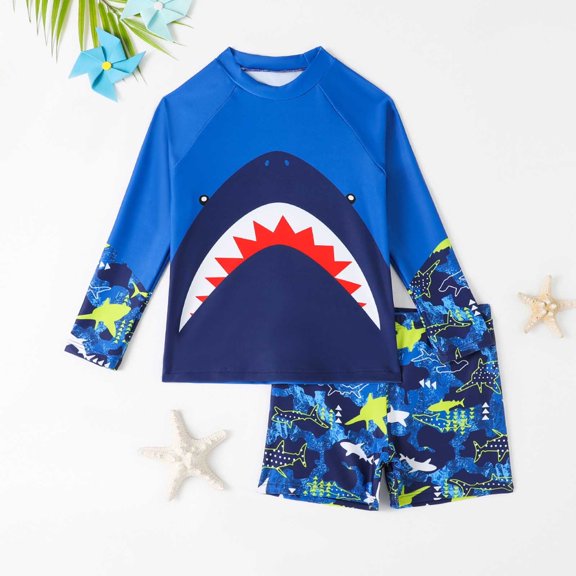 Summer Boys Shark Swimwear 2 Piece Set Long Sleeved Swim Top With Printed Separate Shorts Blue 4 Y-5 Y