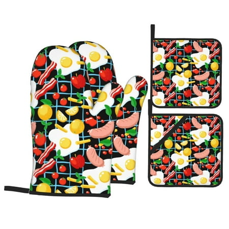 

Oven Mitts and Pot Holders Sets 4 pcs Lemon Tomato Potato Sausage Non-Slip Oven Gloves Potholders Soft Quilted Lining Heat Resistant Gloves Hot Pads for Kitchen Cooking Baking