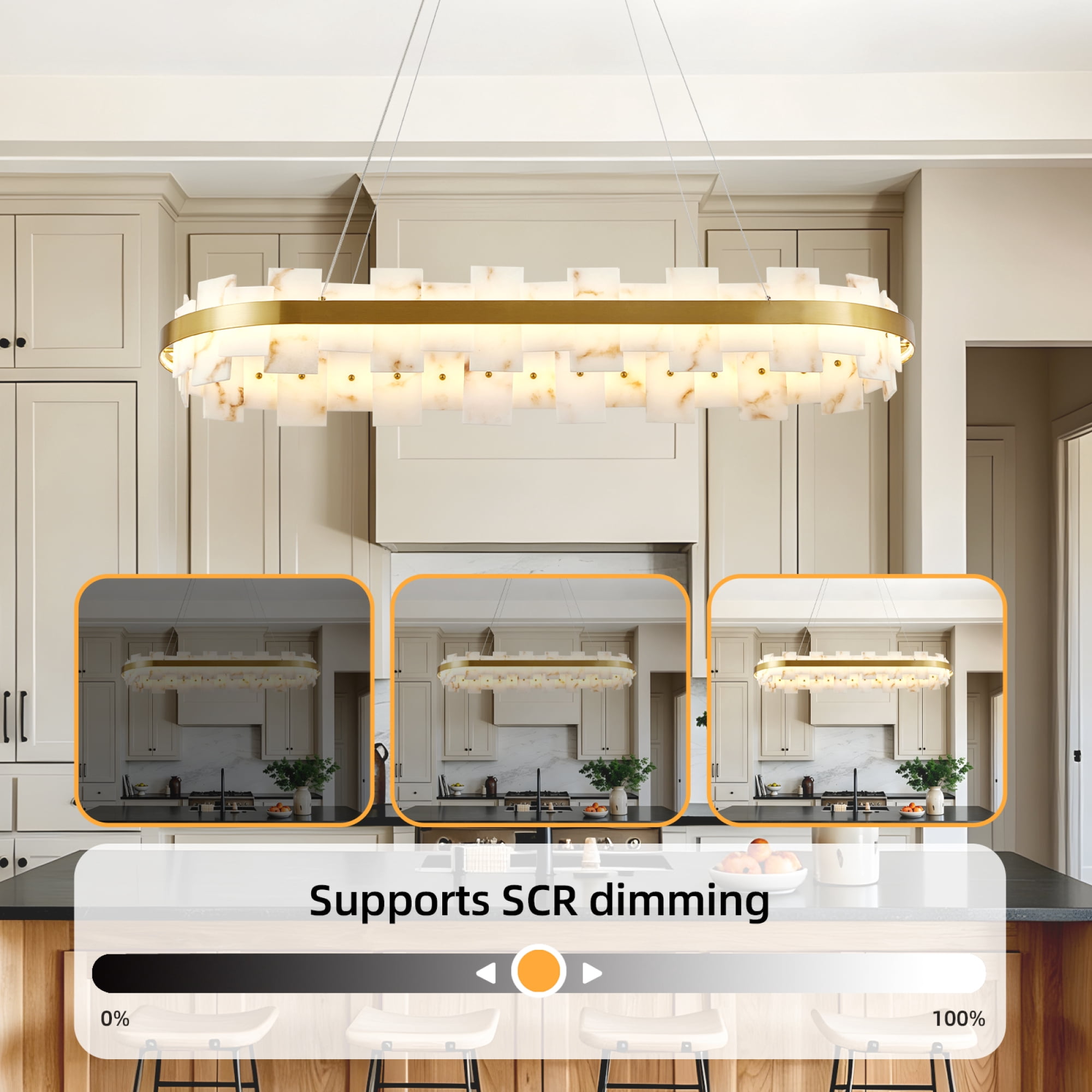 Leumius Alabaster Rectangle Chandelier, Natural Spanish Stone Texture Chandeliers, 46.8" Adjustable Alabaster Chandelier Over Table for Dining Room, Bedroom, Kitchen Island