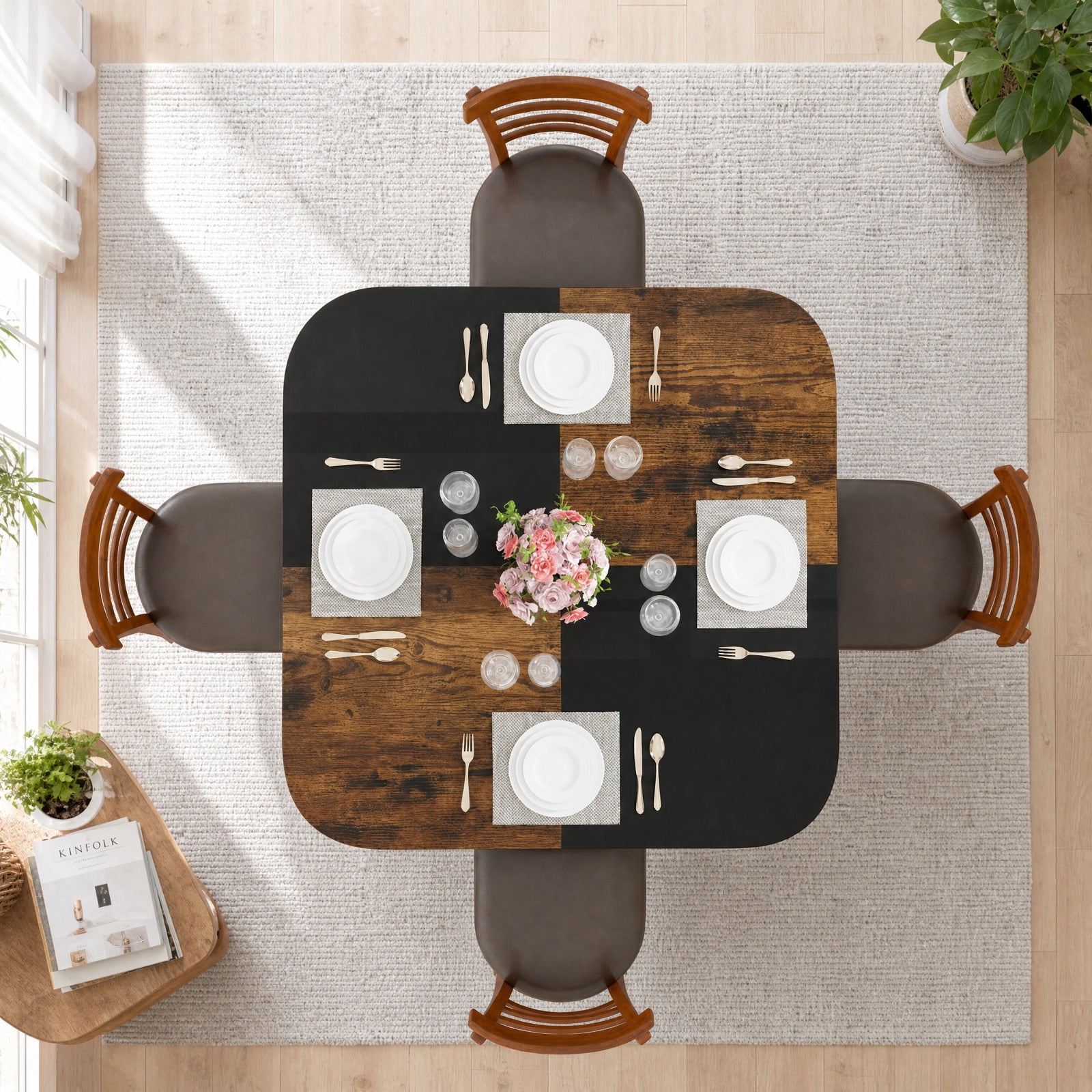 Furnibear 47.5 inch Modern Dining Table Square Kitchen Table with Mix-colored Tabletop for Kitchen Dining Room Breakfast Nook Small, Rustic Brown