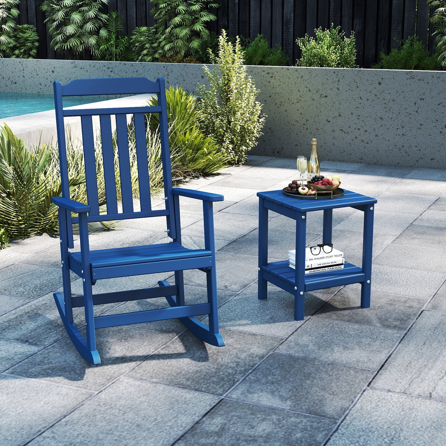Pipopa Adirondack Outdoor Side Table Set of 2,HDPE All Weather Double Layer Patio Side Table,Rectangular End Table for Garden Balcony Pool,Blue