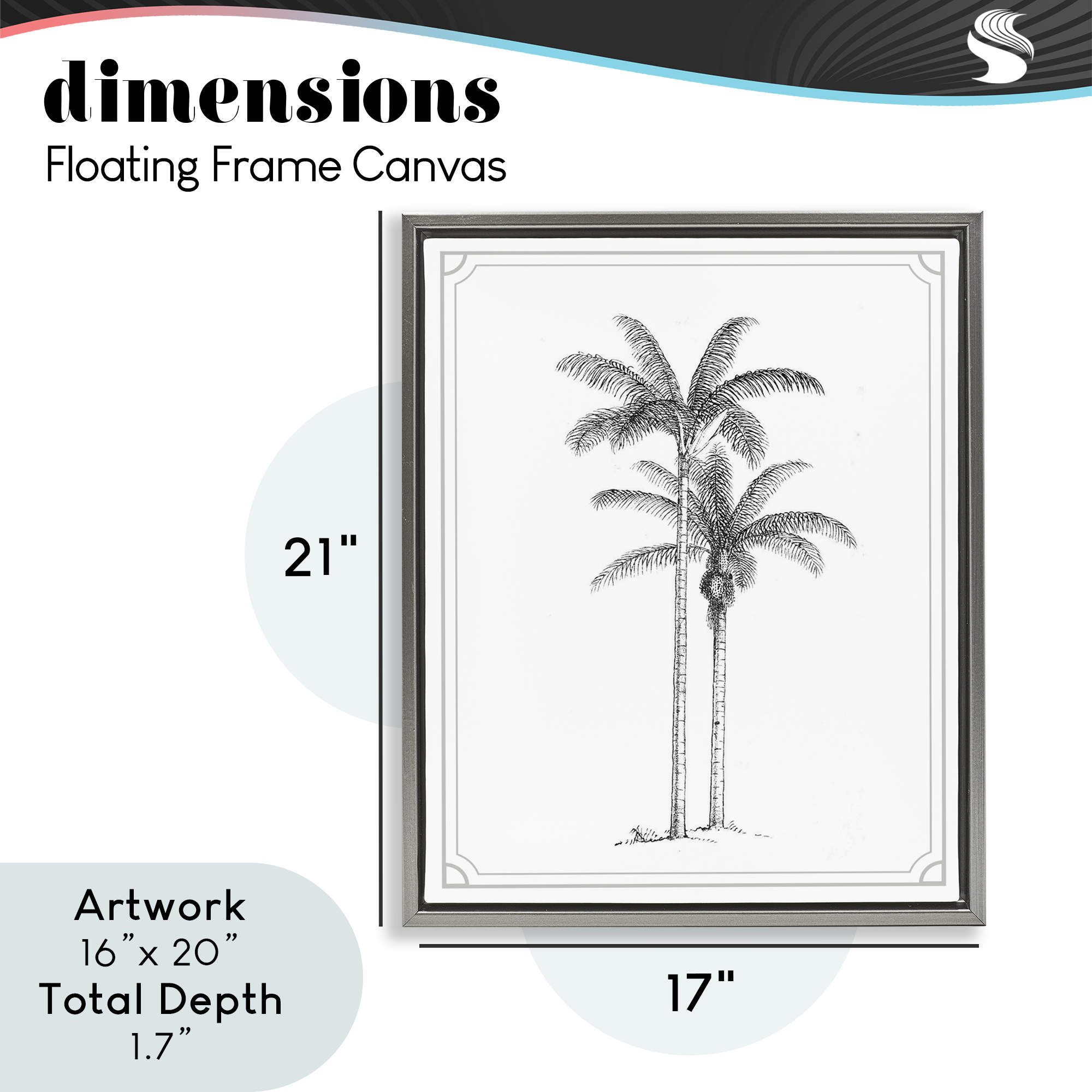 Vintage Simple Palm Tree Gray Framed Floater Canvas Wall Art, design by Lettered and Lined