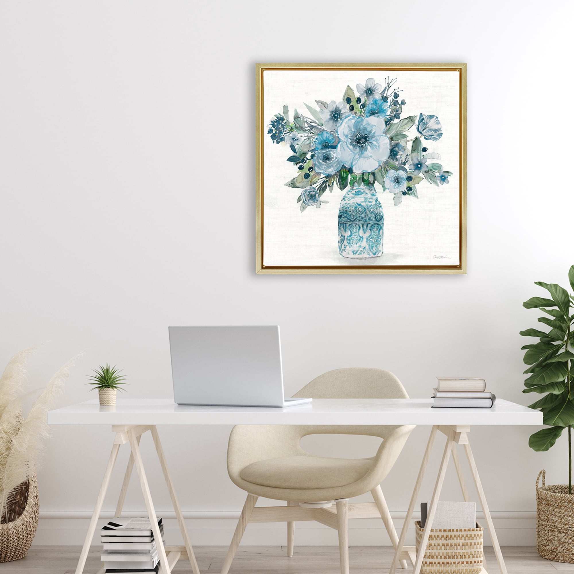 Stupell Industries Pastel Blue Botanical Bouquet Gold Framed Floater Canvas Wall Art, design by Carol Robinson