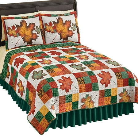 Dark Green Quilt Revirsible Patchwork Quilt with Colorful Fall Leaves on White Background and Green Tone on Tone Leaves Reverse Side, Autumn Colors, King, Red And Green ()