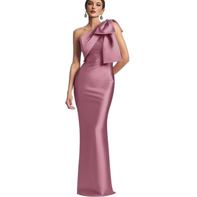 Vestido de fiesta formal de sirena con lazo para madre de la novia con un solo hombro, rosa US18