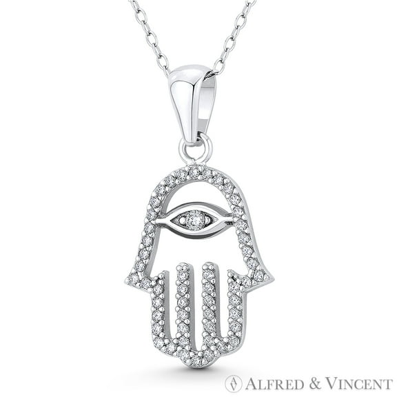 Hamsa Hand Evil Eye Luck Charm CZ Crystal Pendant & Chain Necklace in .925 Sterling Silver w/ Rhodium