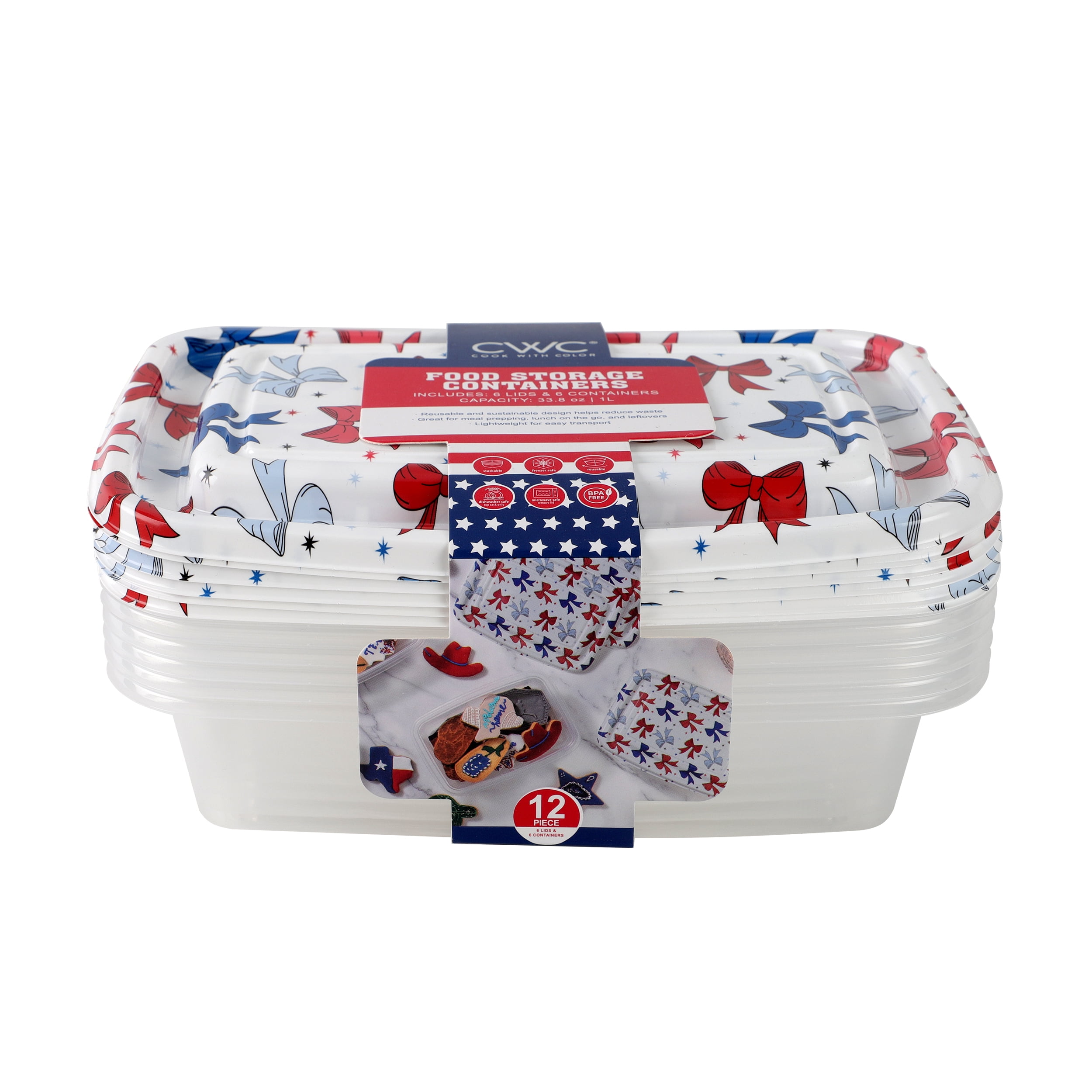 Cook With Color 12 Piece Stackable Plastic Food Storage Container Set, 1000 ml Rectangular Containers with Printed Lids, Bows