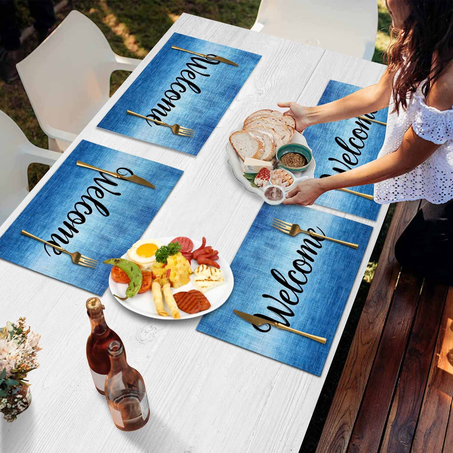 Welcome Quote Dark Blue Gradient Placemats Set of 4,Wipeable Washable Table Mats for Dining Tables,Summer Watercolor Style Place Mats for Kitchen Event Party Tabletop Decor