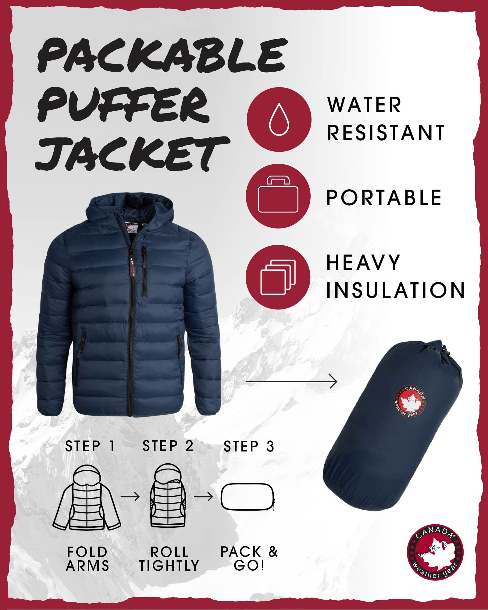 CANADA WEATHER GEAR Men's Puffer Jacket - Lightweight Nylon Packable Winter Coat for Men (M-XXL)