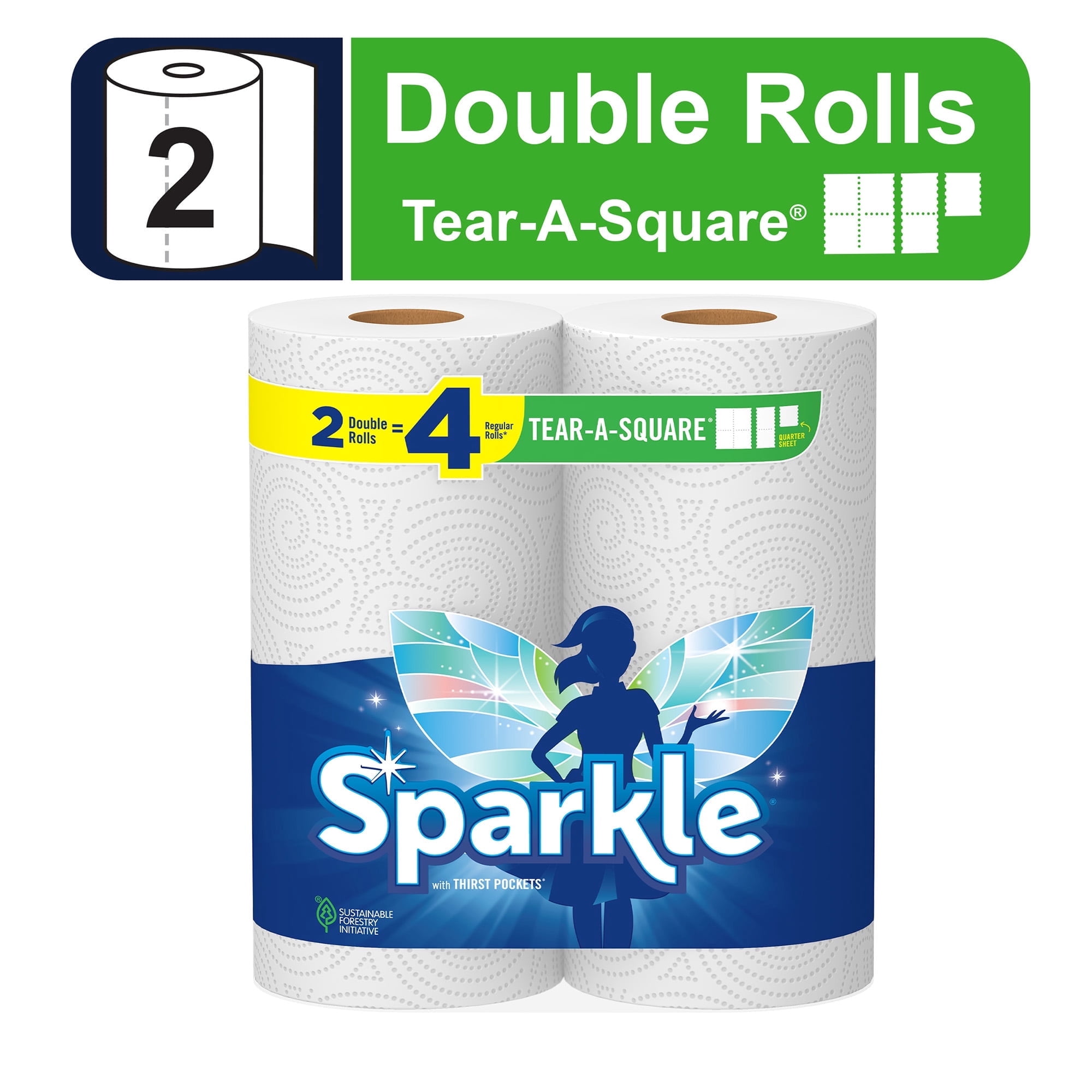 Sparkle Tear-a-Square Paper Towels, 2 Double Rolls, White, Customizable Sheet Size Paper Towel