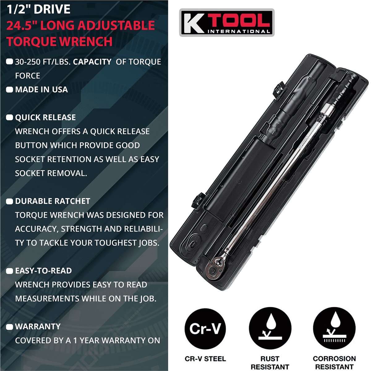 K-Tool 72126A 1/2" Drive 24.5" Long Adj Torque Wrench 30-250 ft/lb Capacity