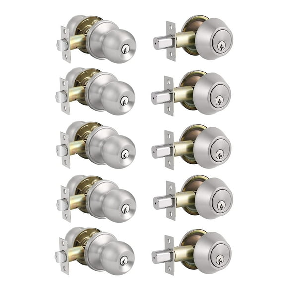 Knobonly All Keyed Same, Front Door Handleset with Single Cylinder Deadbolt in Satin Nickel Finish, Keyed Alike for Every Set, 5 Pack