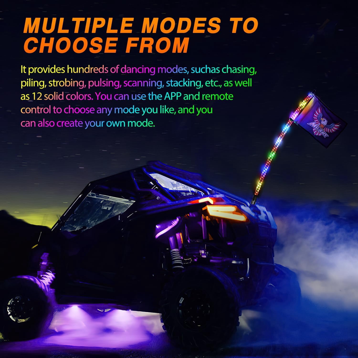Nilight RGB Whip Light 1PC 4FT Lighted Antenna Whips with Remote & App Control DIY Chasing Patterns Brake Reverse Lights for ATV UTV Polaris RZR Can-am Dune Buggy Pickup Trucks Jeep
