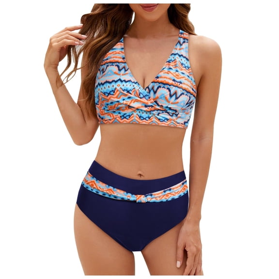DHFJKG High Waisted Swimsuits For Women Boho 2 Piece Tummy Control Bathing Suit V Neck Cross-Back Adjustable Straps Soft Beachwear