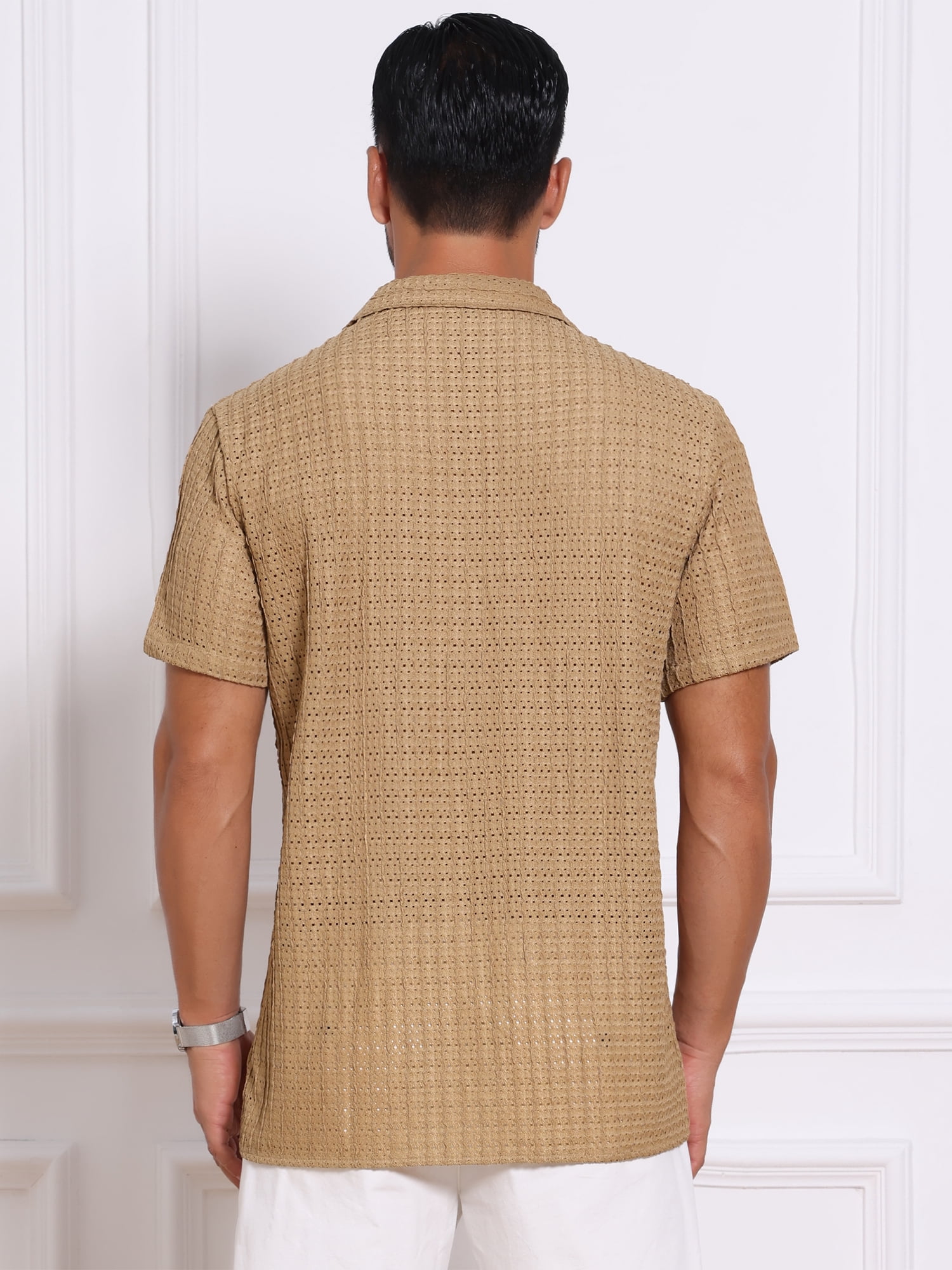 DARING DIVA Men's Casual Knitted Hollow Out Short Sleeve Shirt L Khaki
