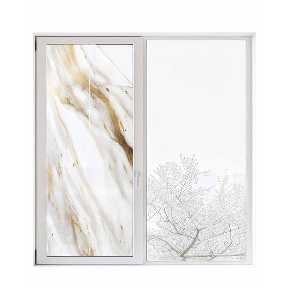 Window Privacy Film Abstract White Gold Stained Glass Window Film Decorative Sun Block Window Cover Simple Marble Geometric Window Clings Static Adhesive Sticker for Bathroom 29.5"x78.7"