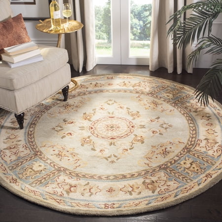SAFAVIEH Bergama Cromwell Oriental Wool Area Rug, Light Blue/Ivory, 4' x 4' Round