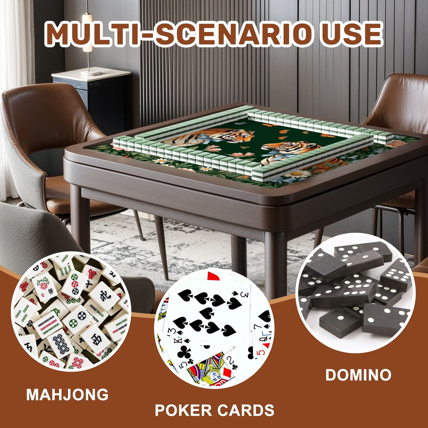 Mahjong Mat 31.5" x 31.5" Pair Tigers Blue Bows Surrounded by Colorful Flowers Butterflies Non-Slip Noise Reduction American Mahjong Tiles Table Cover for Dominoes Poker Card Board Games Gift
