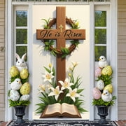 Wooden Cross Resurrection Banner Crown of Thorns Easter Display White Lilies Green Leaves Christian Backdrop for Easter Celebration Church Events Religious Gatherings
