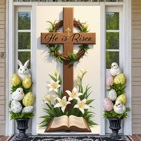 Wooden Cross Resurrection Banner Crown of Thorns Easter Display White Lilies Green Leaves Christian Backdrop for Easter Celebration Church Events Religious Gatherings