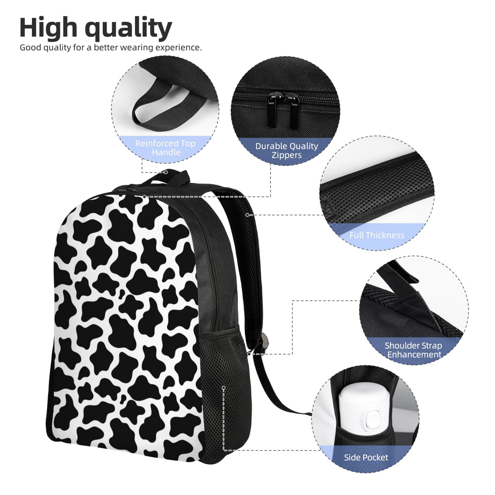 Ratiio Cow Print Black White Print Backpack with Padded 15-inch Laptop Sleeve- Spacious and Durable Daypack for Work and Travel
