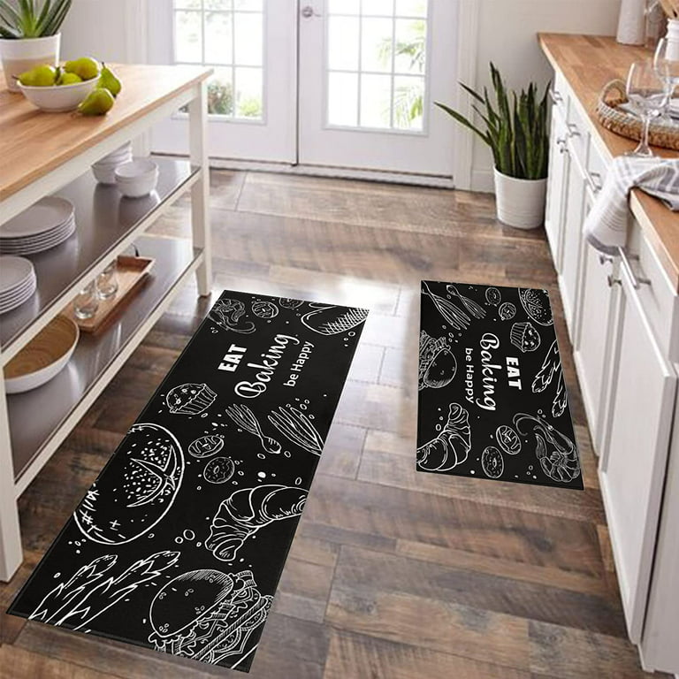 Black Kitchen Rug Set of 2 Non Slip Kitchen Mats for Floor
