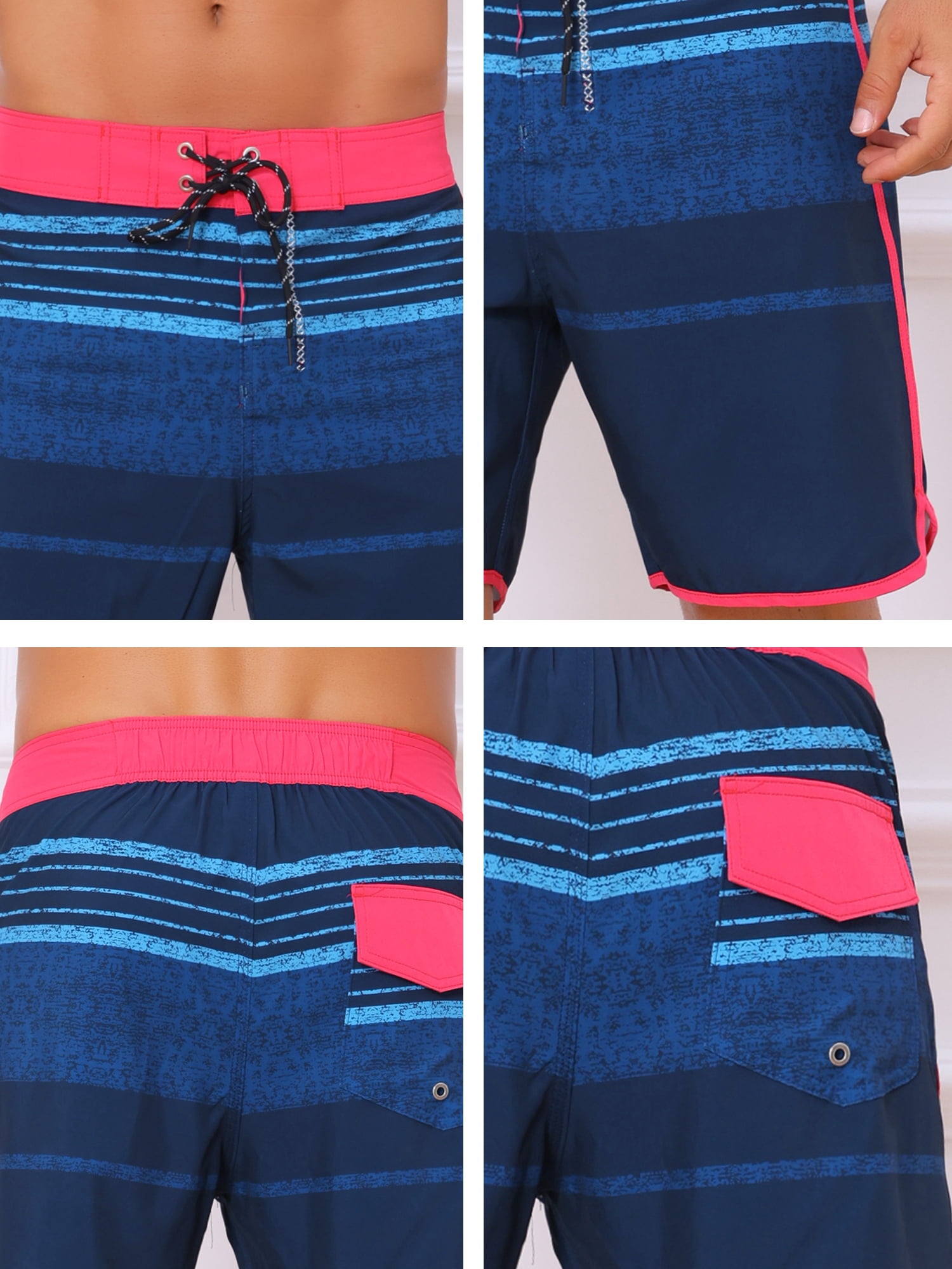 DARING DIVA Men's Drawstring Waist Color Block Striped Board Shorts 34 Dark Blue