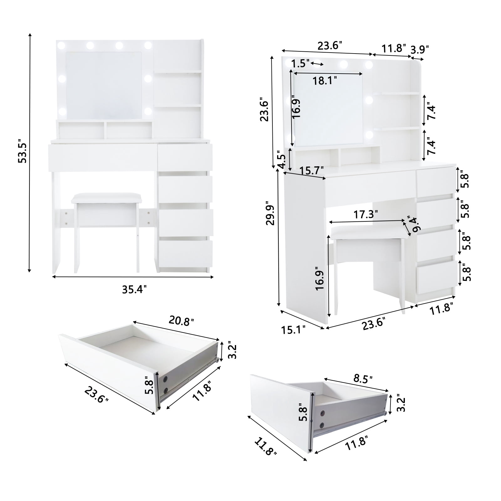 BaPiPro Vanity Desk Set with Lighted Mirror & Stool, White Makeup Vanity Table with 3 Lighting Modes & Adjustable Brightness, Large Storage Dressing Table for Bedroom